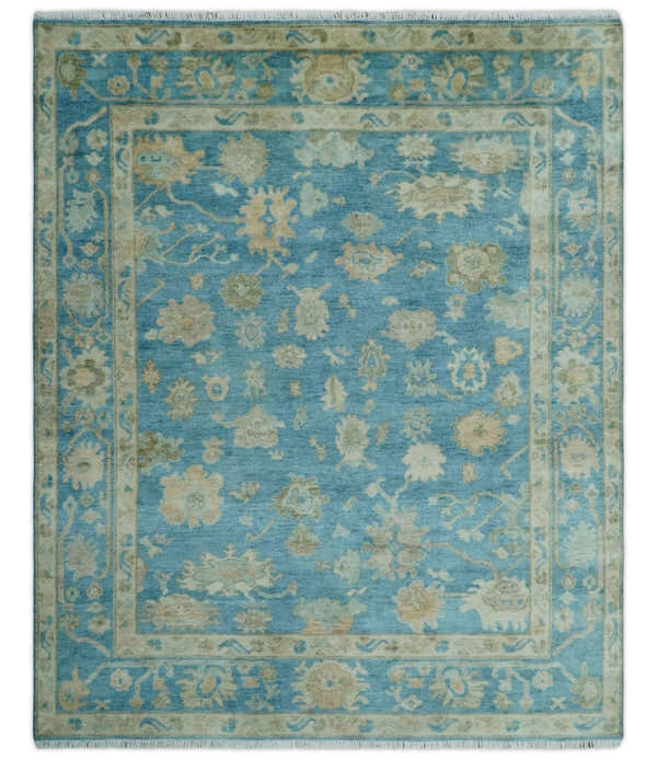 Custom Made Oushak Hand Knotted Blue and Beige Traditional Wool Rug