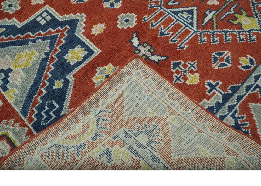 Custom Made Red, Blue, Gray and Mustard Traditional Hand knotted wool Area Rug