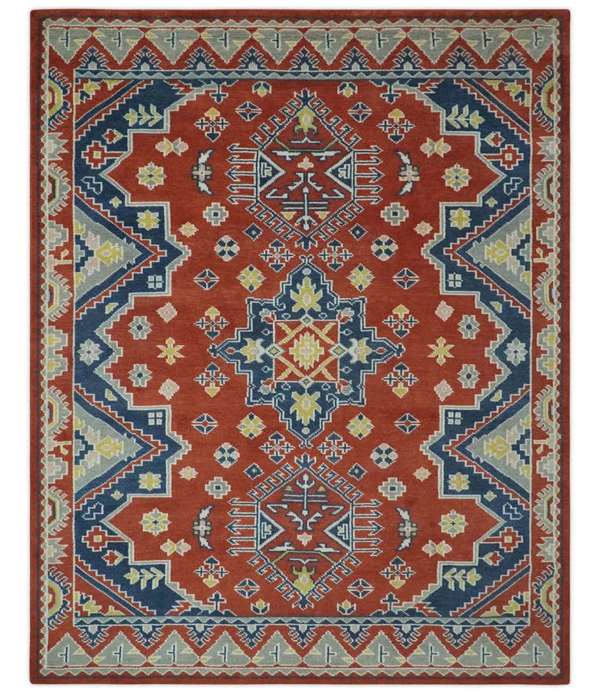 Custom Made Red, Blue, Gray and Mustard Traditional Hand knotted wool Area Rug