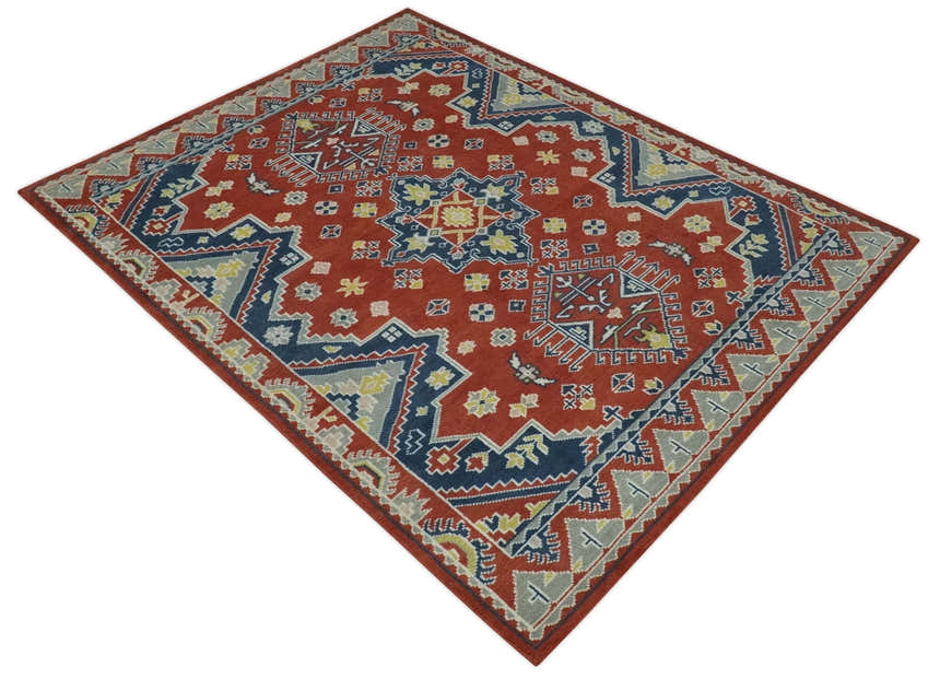 Custom Made Red, Blue, Gray and Mustard Traditional Hand knotted wool Area Rug