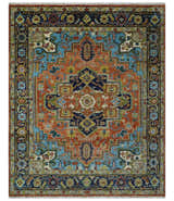 Custom Made Rust and Blue Traditional Medallion Hand Knotted Wool Area Rug