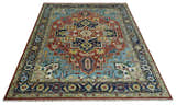 Custom Made Rust and Blue Traditional Medallion Hand Knotted Wool Area Rug