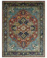 Custom Made Rust and Blue Traditional Medallion Hand Knotted Wool Area Rug
