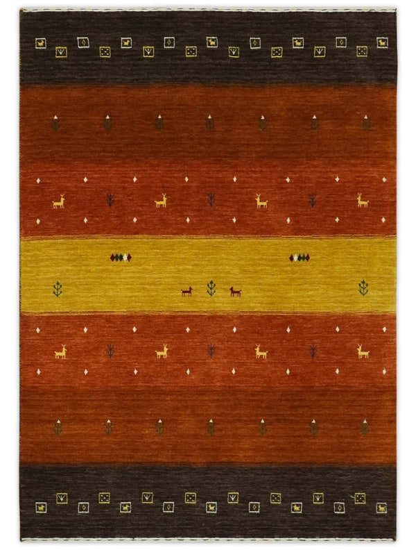 Custom Made Rust, Brown, Gold and Charcoal Geometrical Stripes Design wool area rug