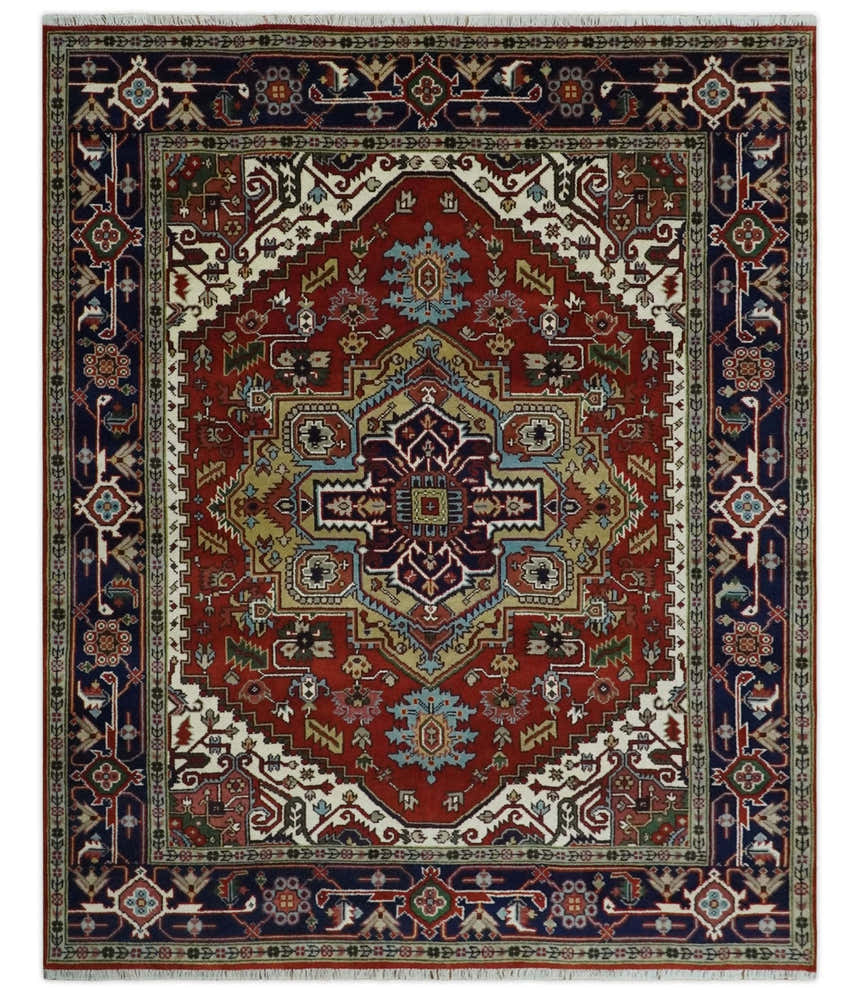 Custom Made Rust, Mustard, Ivory and Blue Hand Knotted Traditional Wool Area Rug
