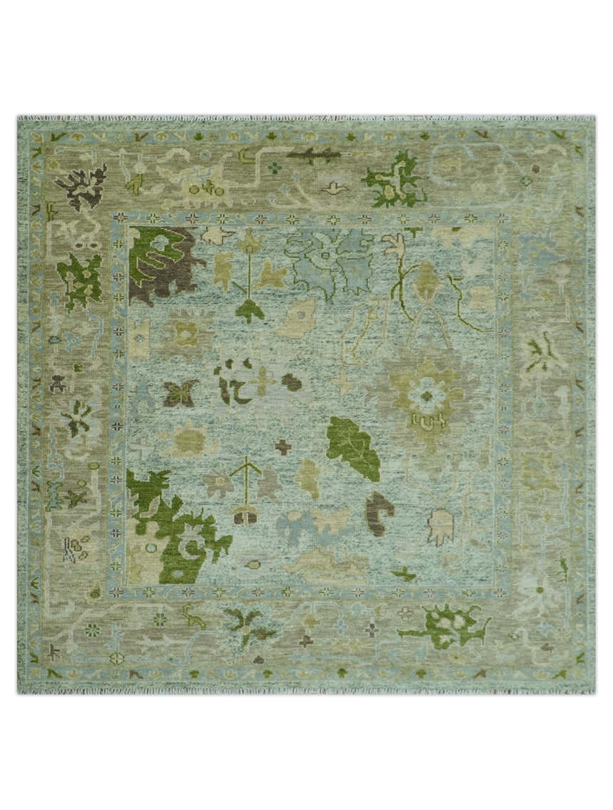 Custom Made Silver and Green Hand Knotted Traditional Oushak wool area rug