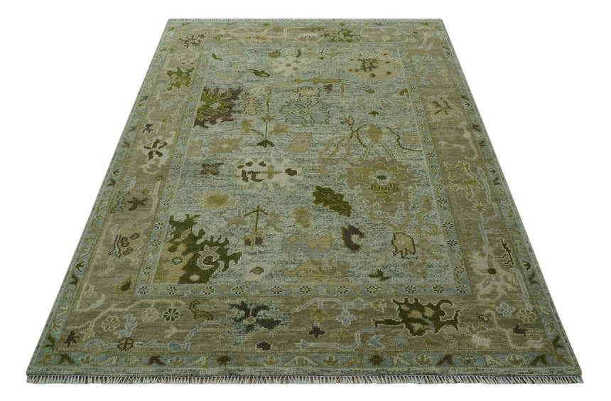Custom Made Silver and Green Hand Knotted Traditional Oushak wool area rug