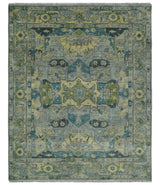 Custom Made Silver, Moss Green and Blue Heriz Traditional Wool Rug