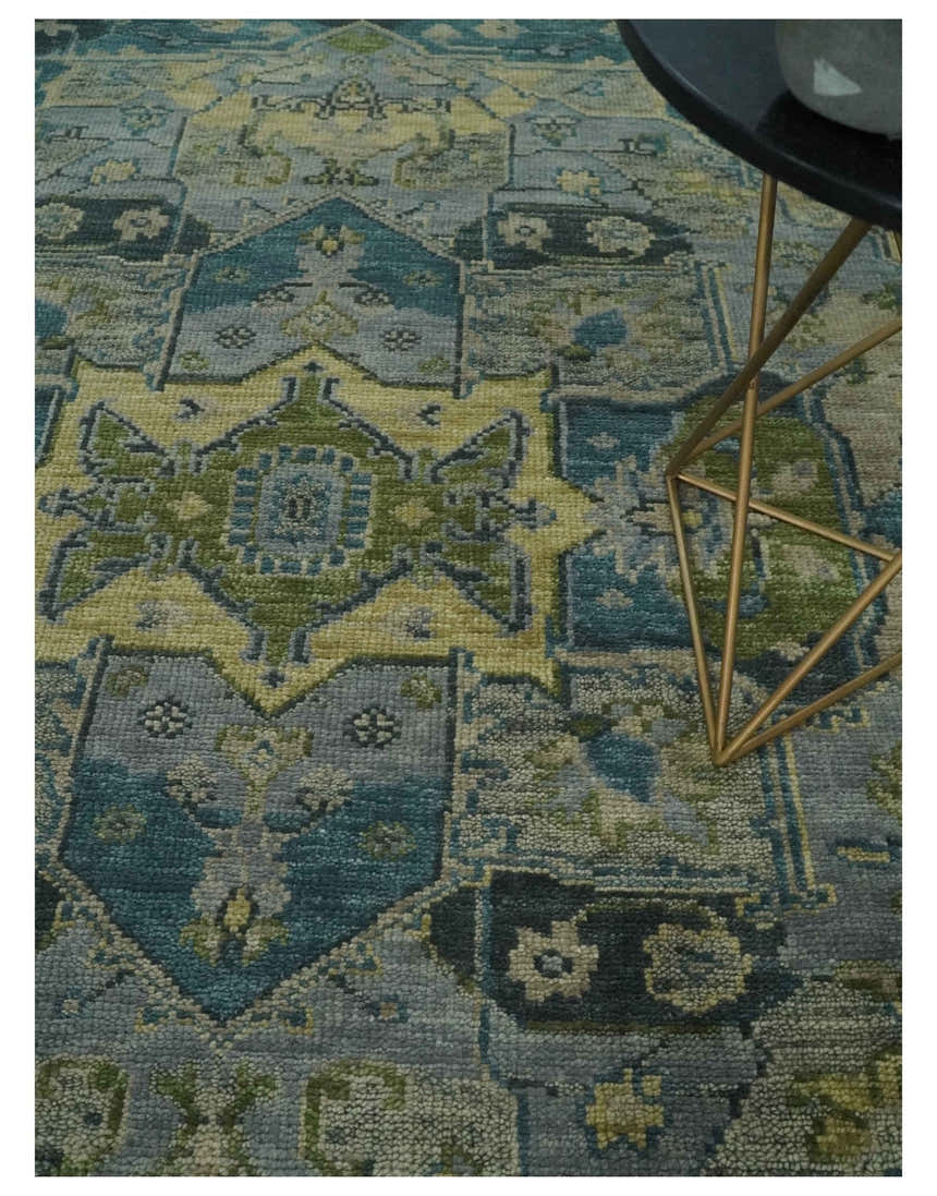 Custom Made Silver, Moss Green and Blue Heriz Traditional wool Area Rug