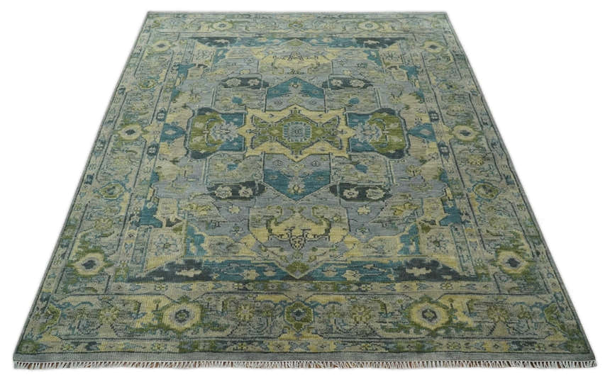 Custom Made Silver, Moss Green and Blue Heriz Traditional Wool Rug