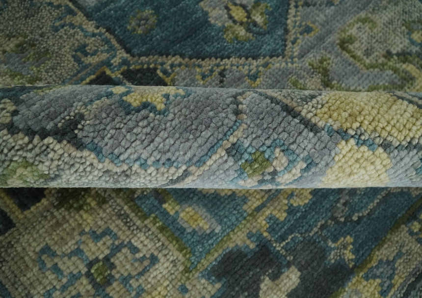Custom Made Silver, Moss Green and Blue Heriz Traditional wool Area Rug