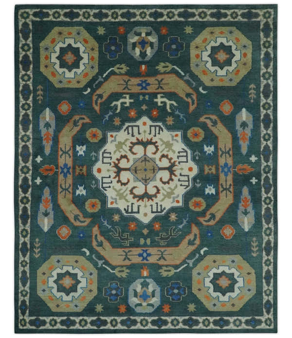 Custom Made Teal and Ivory Hand Knotted Traditional Mamluk Design wool Rug