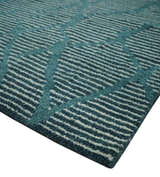 Custom Made Teal and Ivory Modern Stripes Design Hand Knotted wool Area Rug