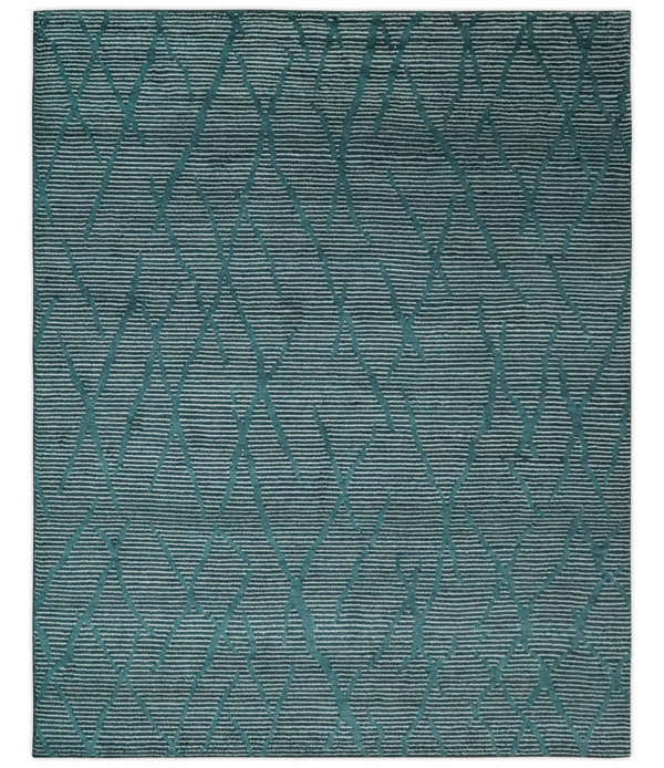 Custom Made Teal and Ivory Modern Stripes Design Hand Knotted wool Area Rug