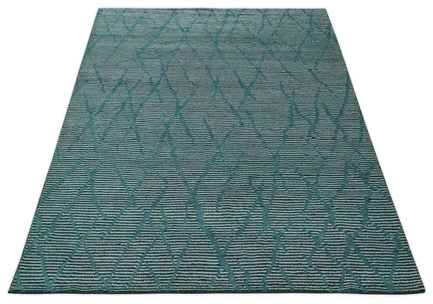 Custom Made Teal and Ivory Modern Stripes Design Hand Knotted wool Area Rug