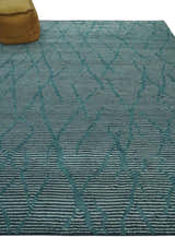 Custom Made Teal and Ivory Modern Stripes Design Hand Knotted wool Area Rug