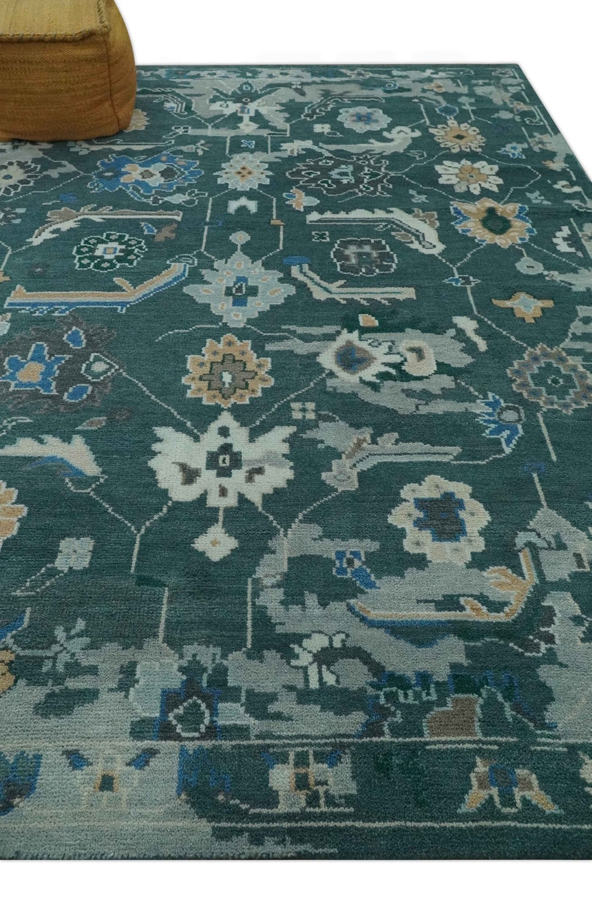 Custom Made Teal and Silver Traditional Oriental Oushak wool Area Rug