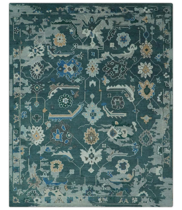 Custom Made Teal and Silver Traditional Oriental Oushak wool Area Rug