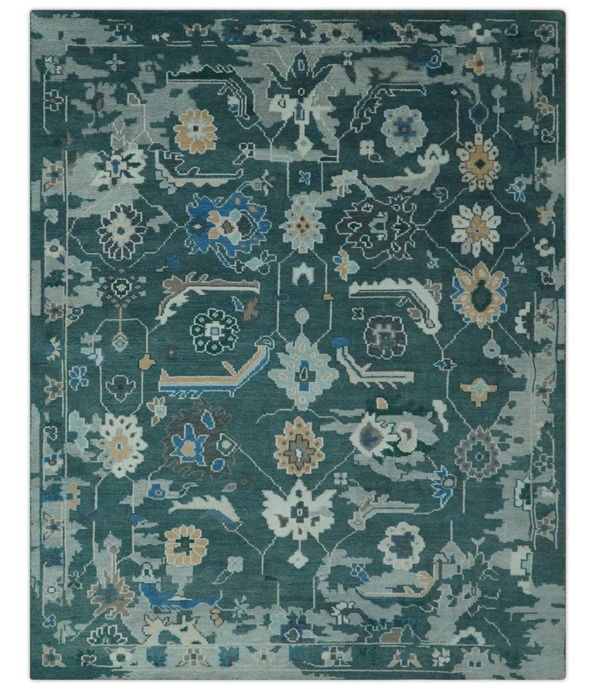 Custom Made Teal and Silver Traditional Oriental Oushak wool Area Rug
