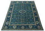 Custom Made Teal, Blue, Peach and Silver Hand Knotted Traditional Heriz wool Area Rug