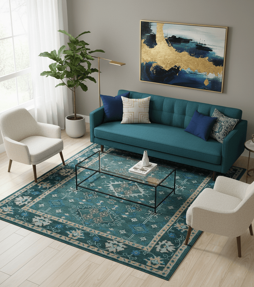 Custom Made Teal, Blue, Peach and Silver Hand Knotted Traditional Heriz wool Area Rug