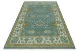 Custom Made Teal, Ivory and Olive Hand Knotted Traditional Oriental Oushak wool rug