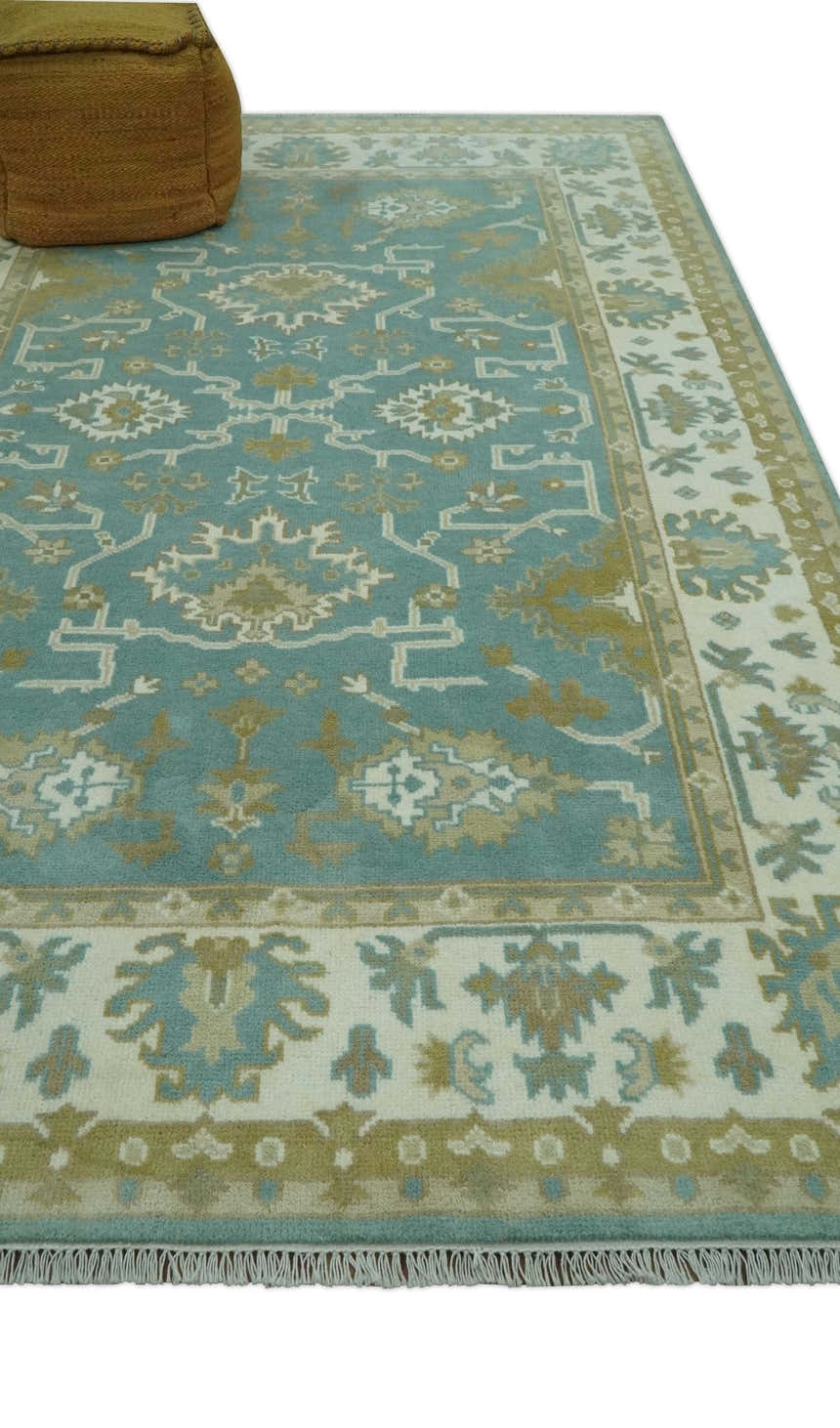Custom Made Teal, Ivory and Olive Hand Knotted Traditional Oriental Oushak wool rug