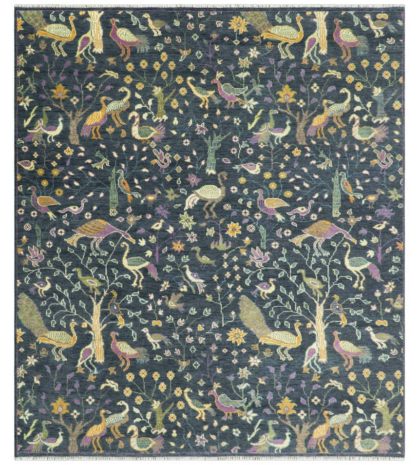 Custom Made The Jungle Life Peacock on tree Rug Hand Knotted Blue and Green Wool Rug