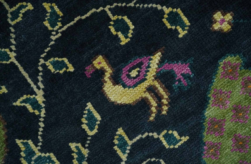 Custom Made The Jungle Life Peacock on tree Rug Hand Knotted Blue and Green Wool Rug