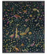 Custom Made The Jungle Life Peacock on tree Rug Hand Knotted Blue and Green Wool Rug