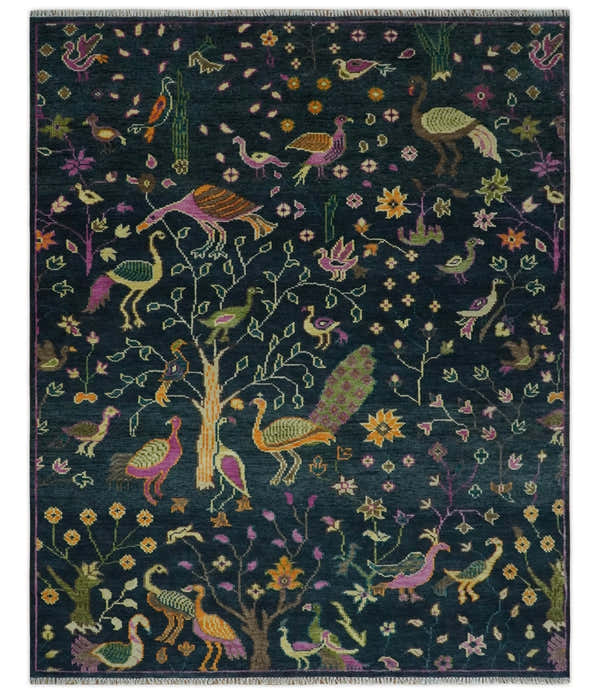 Custom Made The Jungle Life Peacock on tree Rug Hand Knotted Blue and Green Wool Rug