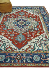 Custom Made Traditional Rust, Ivory and Blue Heriz Medallion Wool Area Rug