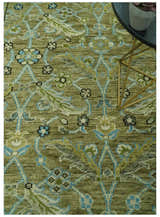 Custom Made Traditional Floral Green and Aqua Hand Knotted wool area rug