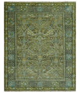 Custom Made Traditional Floral Green and Aqua Hand Knotted wool area rug