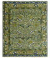 Custom Made Traditional Floral Green and Blue Hand Knotted wool area rug