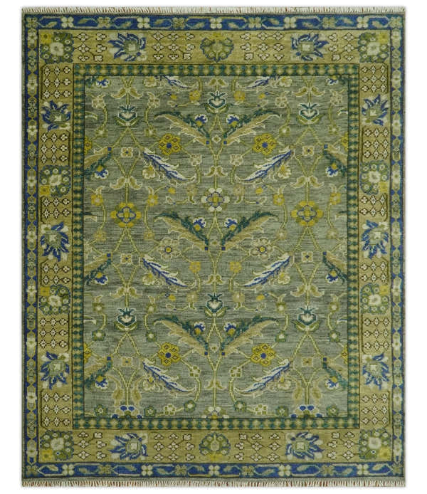 Custom Made Traditional Floral Green and Blue Hand Knotted wool area rug