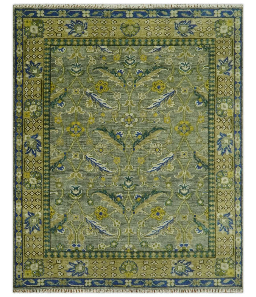 Custom Made Traditional Floral Green and Blue Hand Knotted wool area rug