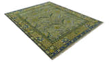 Custom Made Traditional Floral Green and Blue Hand Knotted wool area rug