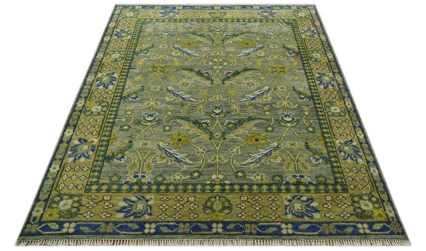 Custom Made Traditional Floral Green and Blue Hand Knotted wool area rug
