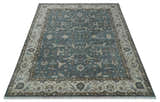 Custom Made Traditional Hand Knotted Blue, Ivory and Brown Oriental Oushak wool Area Rug