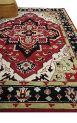 Custom Made Traditional Heriz Maroon, Olive and Black Floral Hand Knotted wool Rug