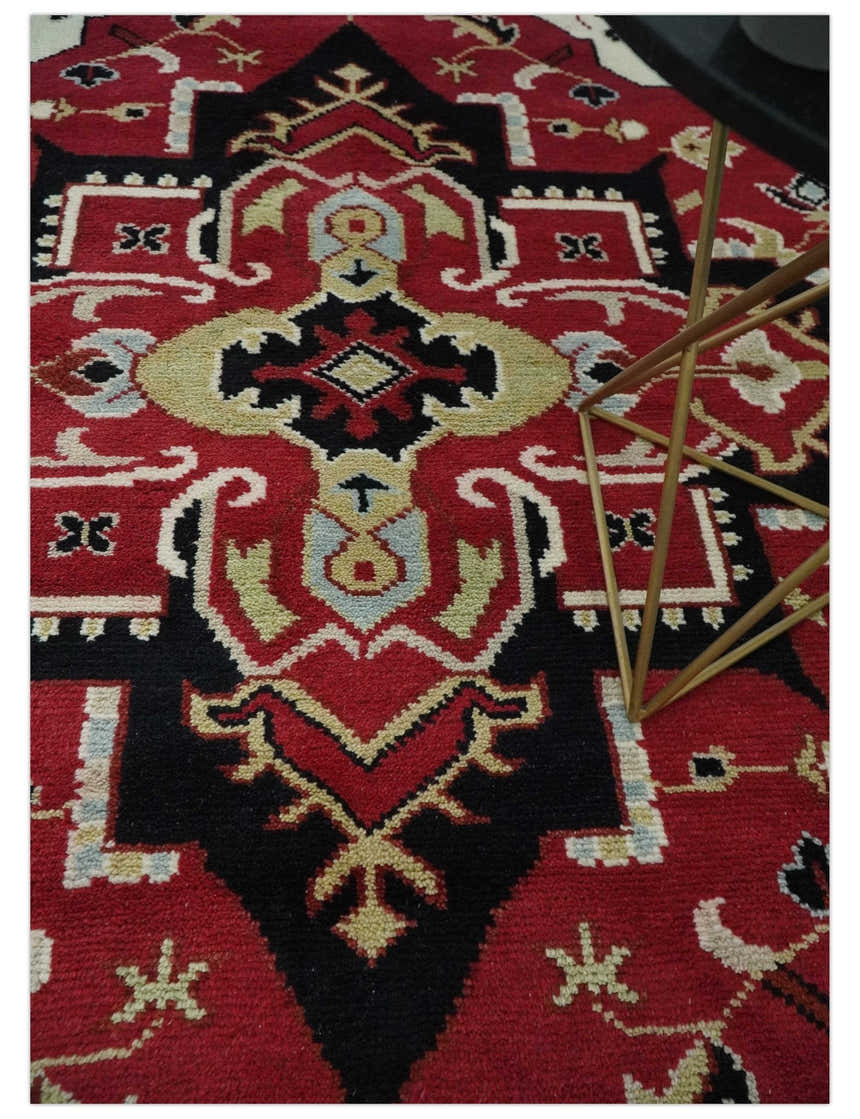 Custom Made Traditional Heriz Maroon, Olive and Black Floral Hand Knotted wool Rug