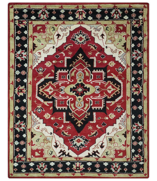 Custom Made Traditional Heriz Maroon, Olive and Black Floral Hand Knotted wool Rug