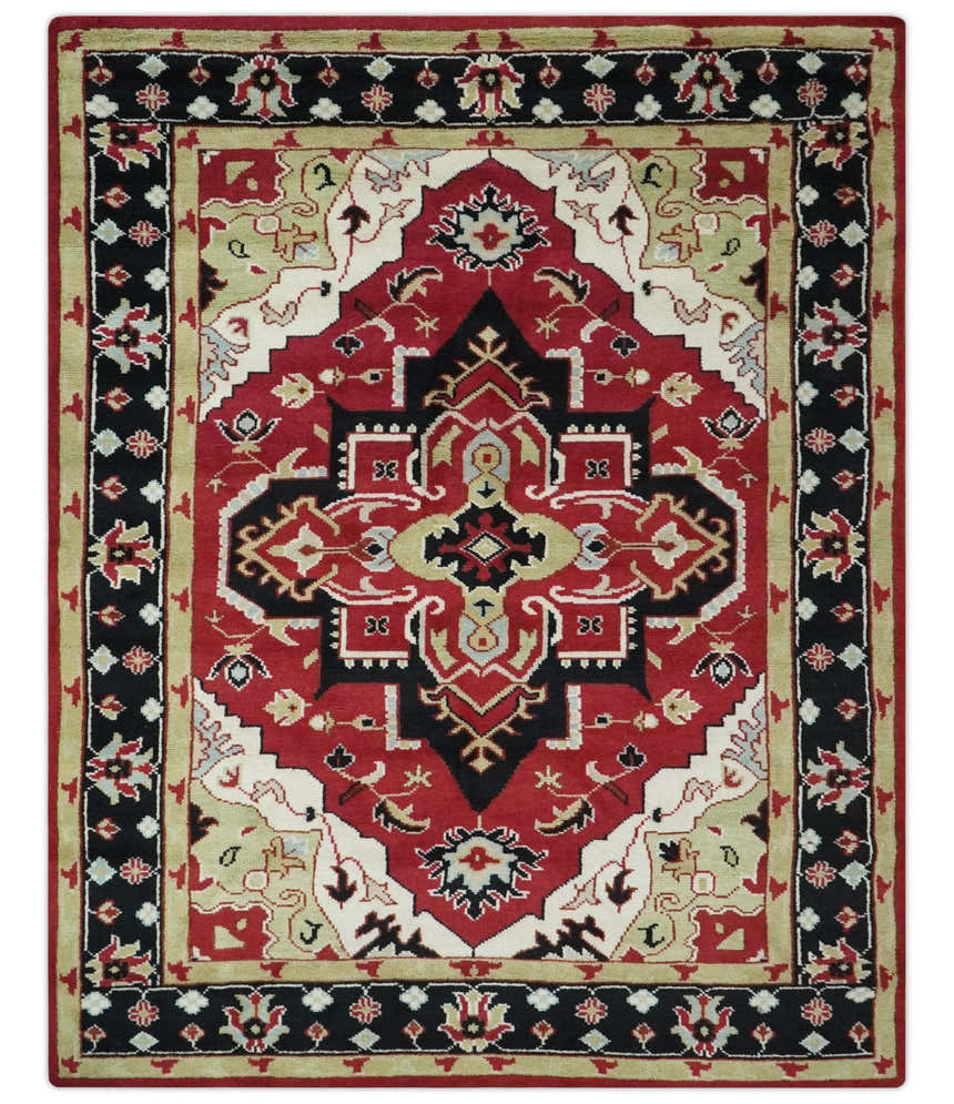 Custom Made Traditional Heriz Maroon, Olive and Black Floral Hand Knotted wool Rug