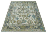 Custom Made Traditional Ivory and Charcoal Hand knotted Oushak Wool Area Rug