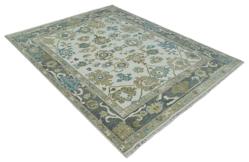 Custom Made Traditional Ivory and Charcoal Hand knotted Oushak Wool Area Rug