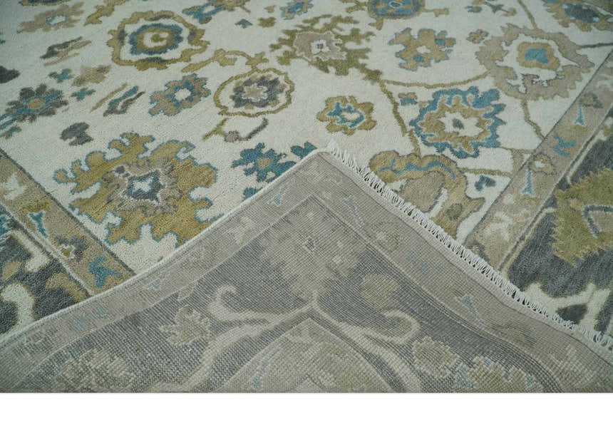 Custom Made Traditional Ivory and Charcoal Hand knotted Oushak Wool Area Rug