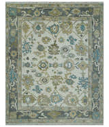 Custom Made Traditional Ivory and Charcoal Hand knotted Oushak Wool Area Rug