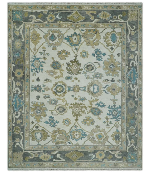 Custom Made Traditional Ivory and Charcoal Hand knotted Oushak Wool Area Rug