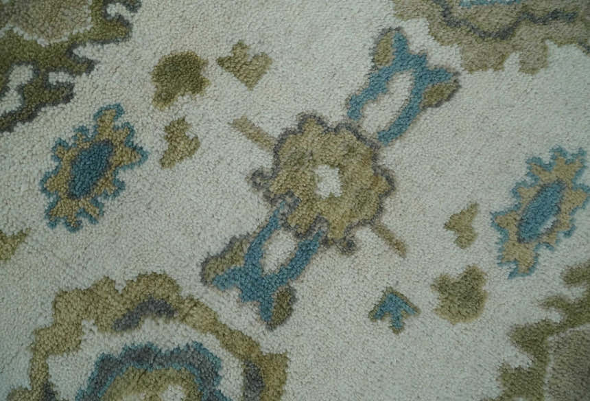 Custom Made Traditional Ivory and Charcoal Hand knotted Oushak Wool Area Rug
